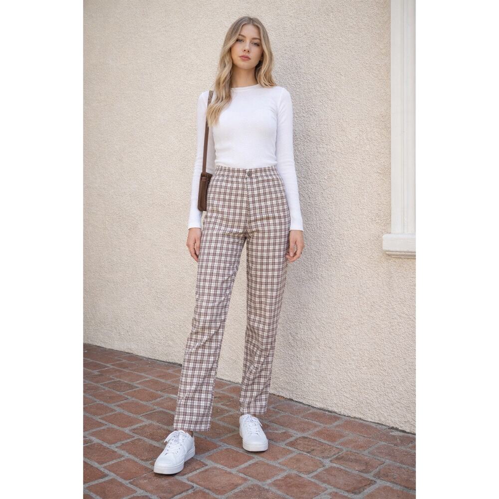 Brandy Melville Brown Plaid Pants Elastic Waist Tilden Preppy Academia Chic Cozy